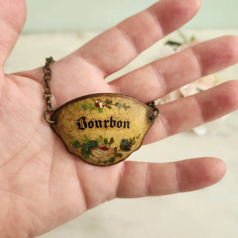 Early 20th Century French Hand Painted Decanter Bourbon Liquor Label Floral Pink